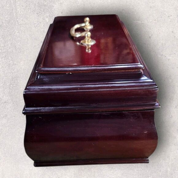 Vintage Bombay Company Mahogany Jewelry Box Red Velvet Lined w/ 2 Keys Large - Picture 6 of 16